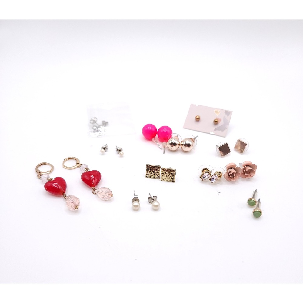 12 Pair Earring Lot Stud Dangle Heart Pearl Rhinestone Bundle